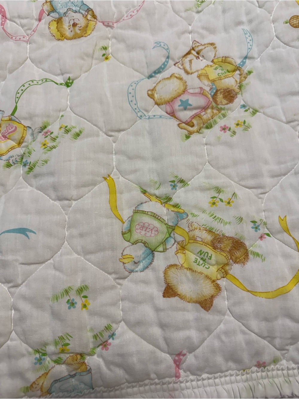 Classic Baby Bedding Quilt - White with Pastel Yellow & Blue Animal Print